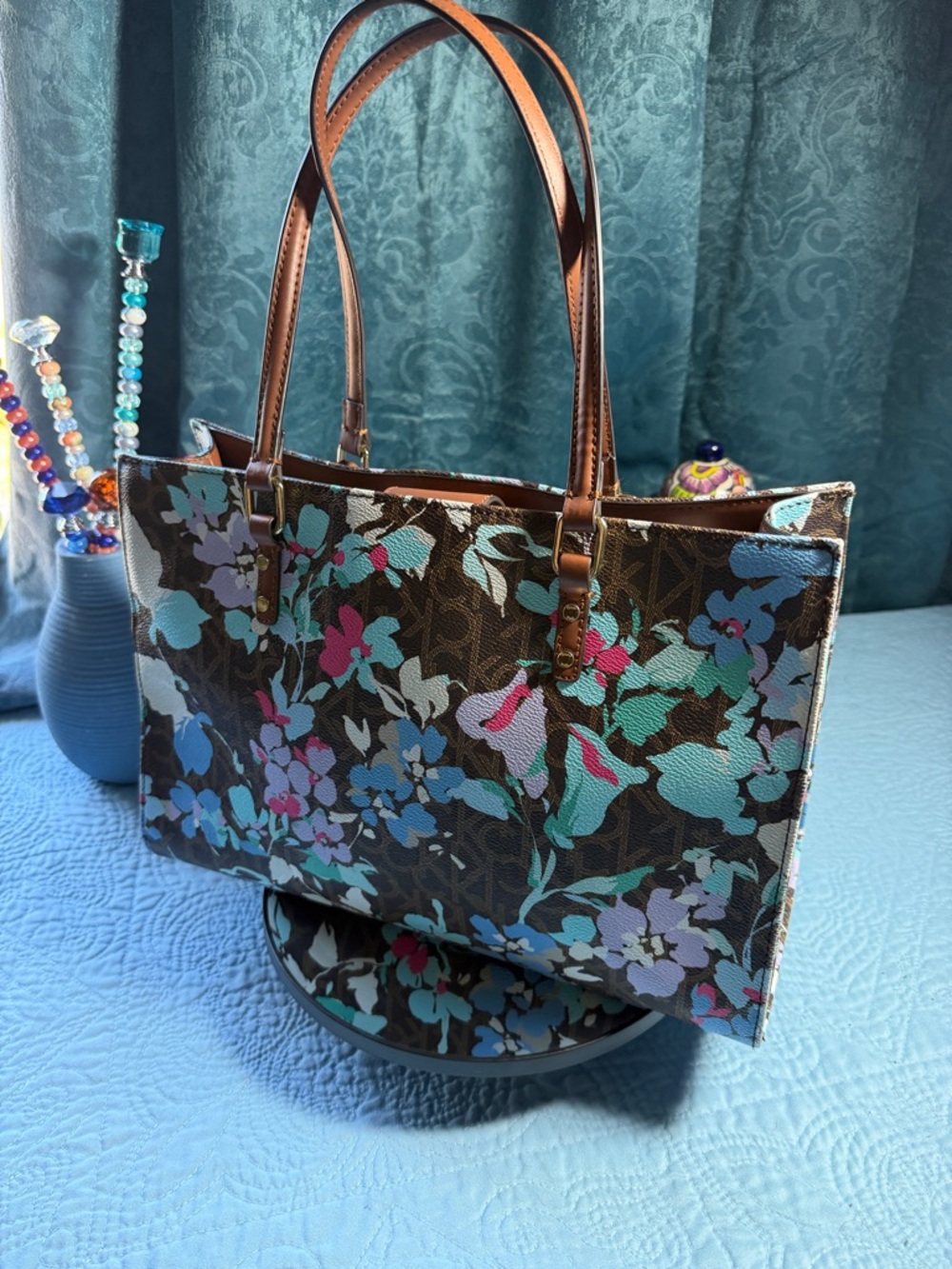 Calvin Klein Brown Floral Canvas Tote with Aqua and Light Blue Accents 13x9 - Picture 5 of 12